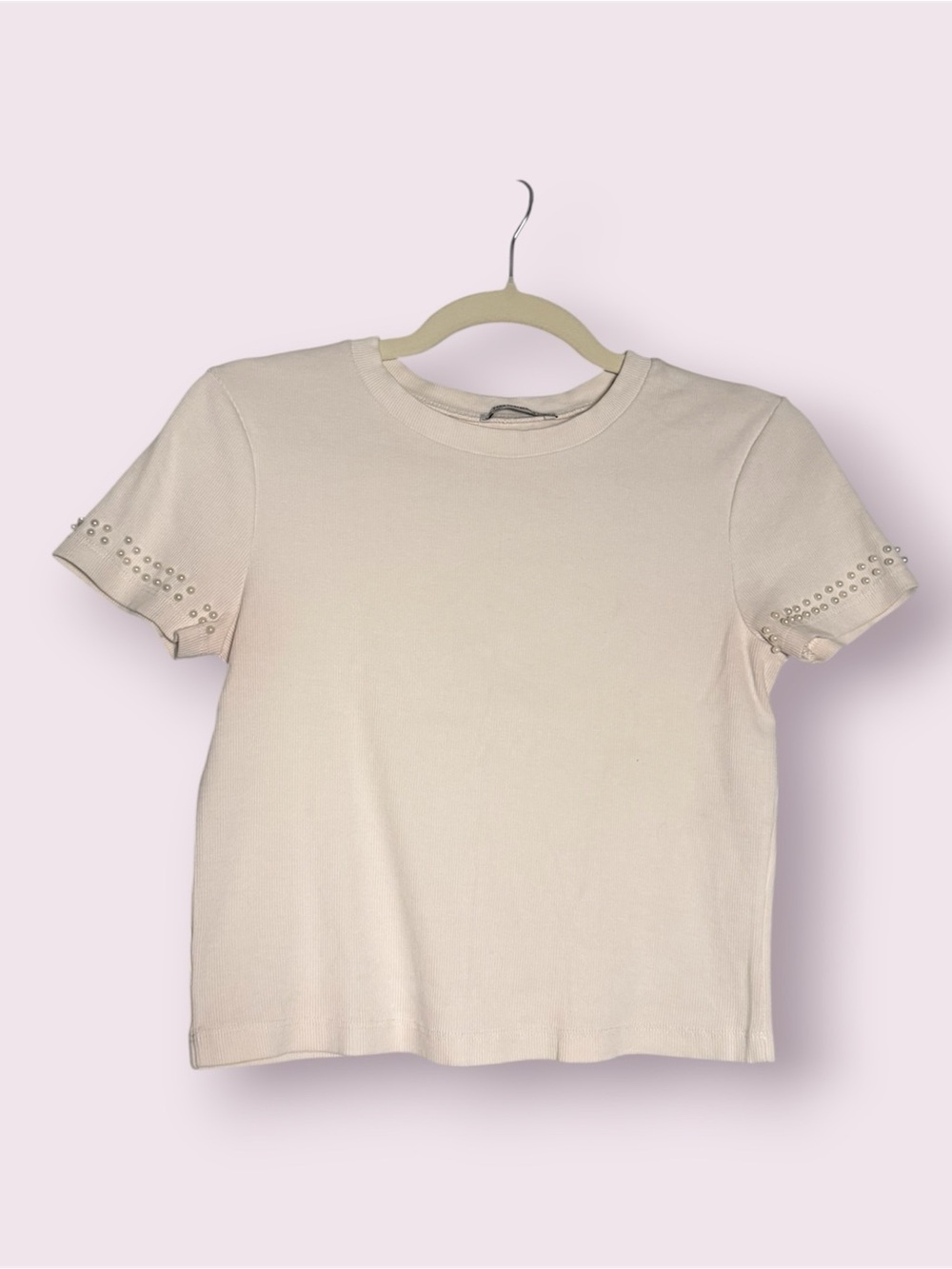 Zara White Ribbed Pearl Embellished Short Sleeve Crop Top Size Small